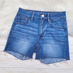 American Eagle Hi Rise Shortie Cut Off Super Stretch Denim Jean Shorts Womens 00